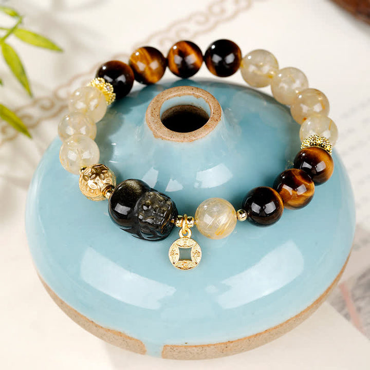Buddha Stones Feng Shui Tiger Eye Pi Xiu Golden Rutilated Quartz Wealth Beaded Bracelet - image 4