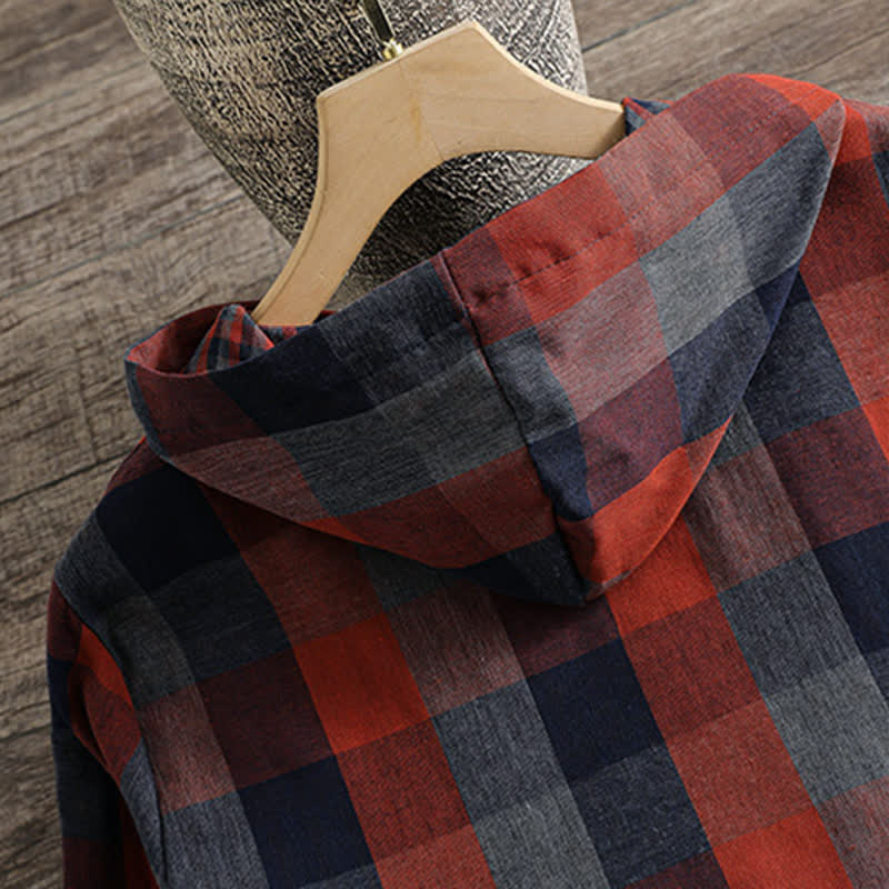 Buddha Stones Fall Casual Vintage Button-Up Drawstring Plaid Women's Hoodies With Pocket - image 35