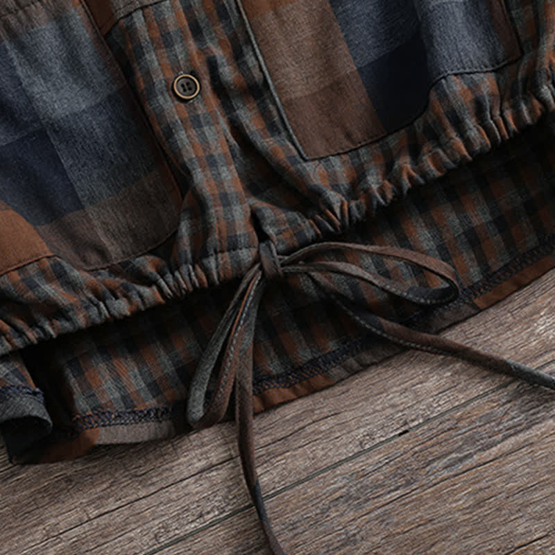Buddha Stones Fall Casual Vintage Button-Up Drawstring Plaid Women's Hoodies With Pocket - image 21