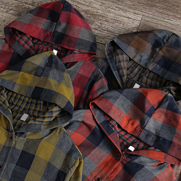 Buddha Stones Fall Casual Vintage Button-Up Drawstring Plaid Women's Hoodies With Pocket - image 41
