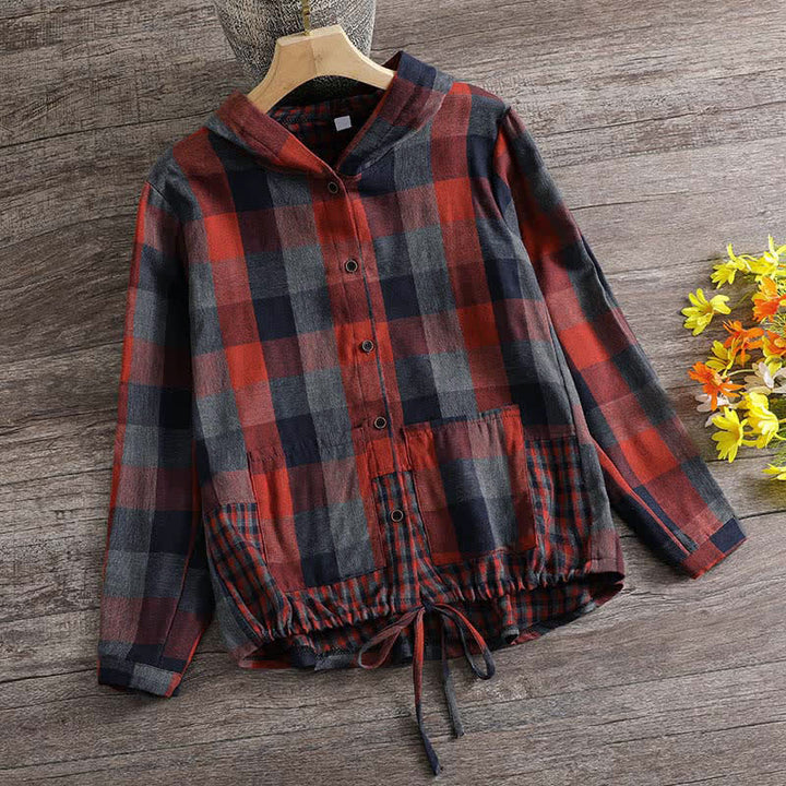 Buddha Stones Fall Casual Vintage Button-Up Drawstring Plaid Women's Hoodies With Pocket - Tomato - US8-10, UK/AU12-14, EU40-42 (2XL) - image 32