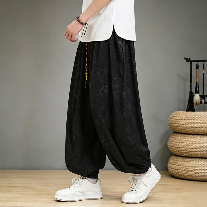 Buddha Stones Spring Summer Casual Tang Style Drawstring Dragon Cropped Pants Men's Harem Pants With Pocket - image 2