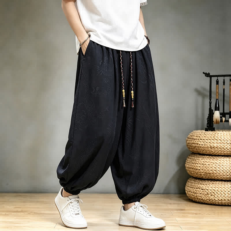 Buddha Stones Spring Summer Casual Tang Style Drawstring Dragon Cropped Pants Men's Harem Pants With Pocket - image 3