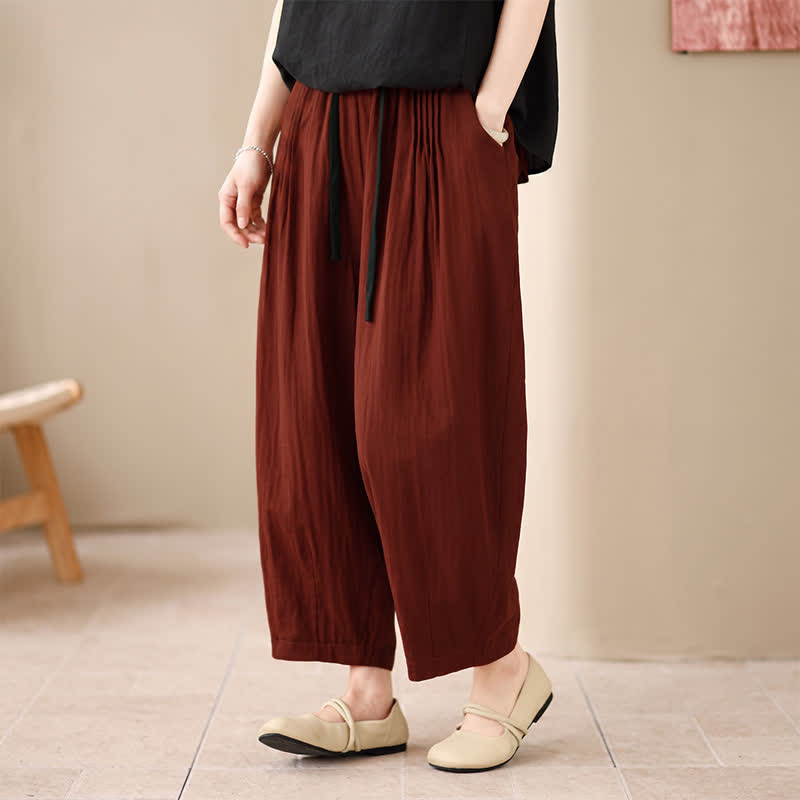 Buddha Stones Spring Summer Casual Minimalist Drawstring Solid Cropped Pants Women's Harem Pants With Pocket - FireBrick - US4-6, UK/AU8-10, EU36-38 (F) - image 9