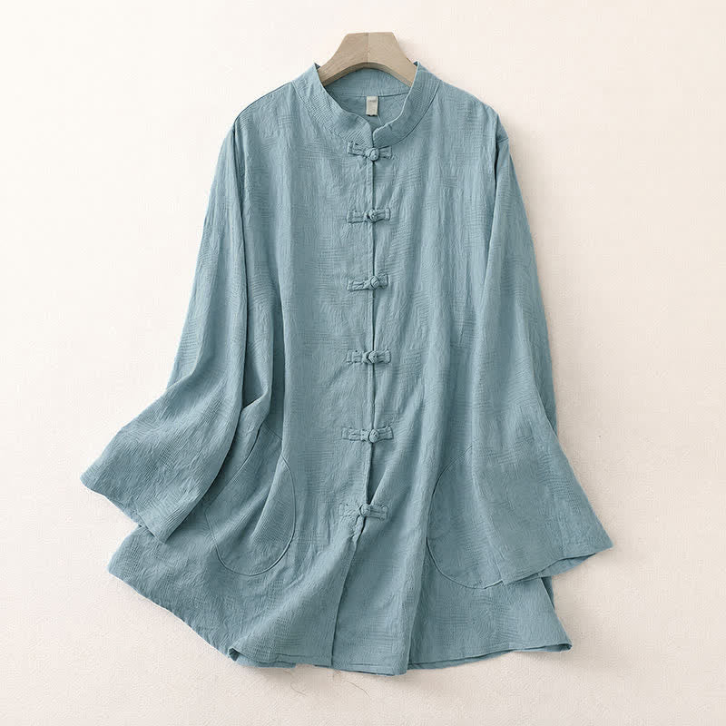 Buddha Stones Spring Fall Casual Tang Style Mandarin Collar Frog Button Solid Women's Long Sleeve Shirts With Pocket - PowderBlue - US8-10, UK/AU12-14, EU40-42 (2XL) - image 0