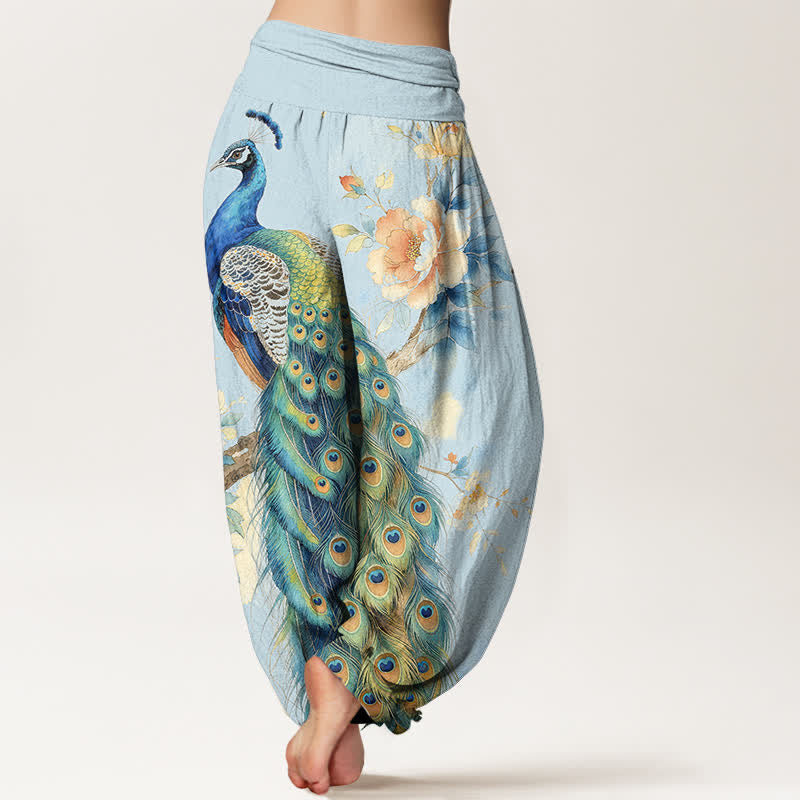 Buddha Stones Cotton Peacock Floral Pattern Women's Elastic Waist Harem Pants - image 7