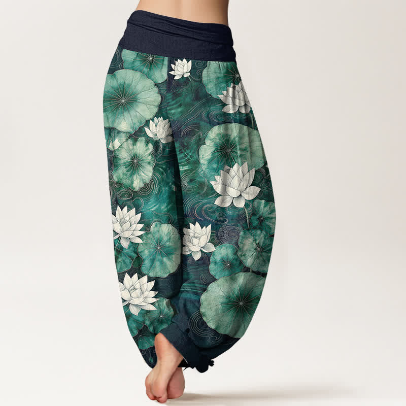 Buddha Stones Cotton Lotus Pond Pattern Women's Elastic Waist Harem Pants - image 10