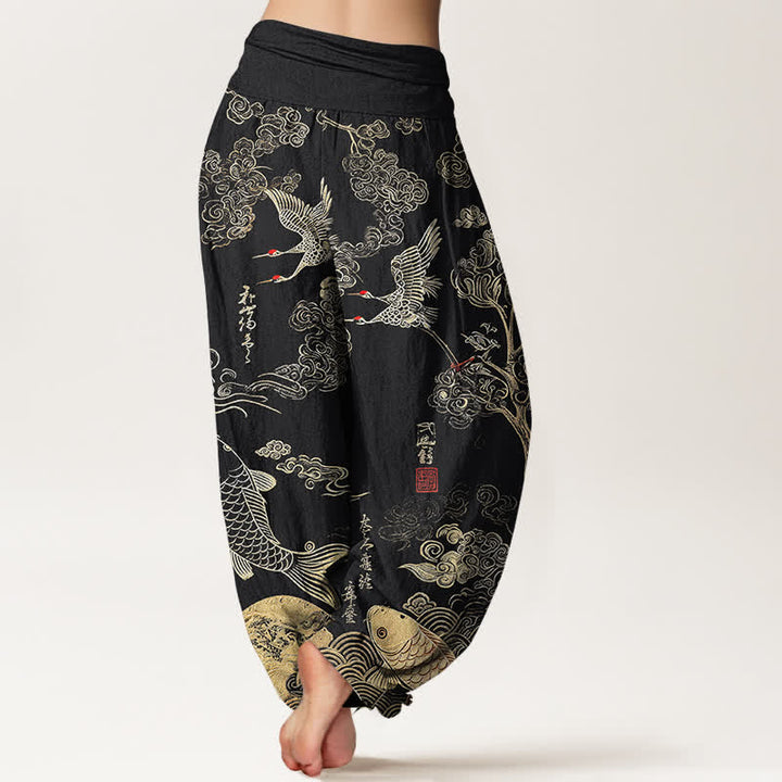 Buddha Stones Cotton Crane Koi Fish Cloud Pattern Women's Elastic Waist Harem Pants - image 2