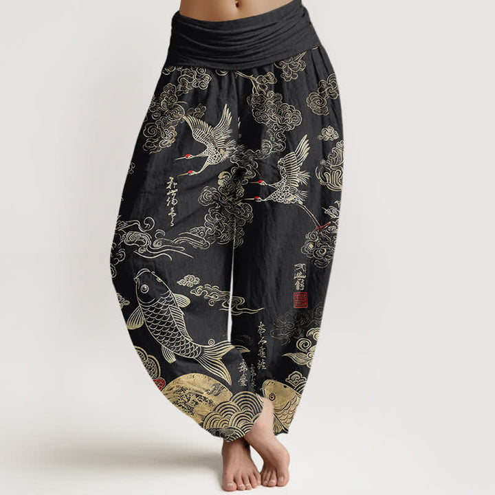 Buddha Stones Cotton Crane Koi Fish Cloud Pattern Women's Elastic Waist Harem Pants - Black - US16，UK/AU20，EU48 (3XL) - image 0