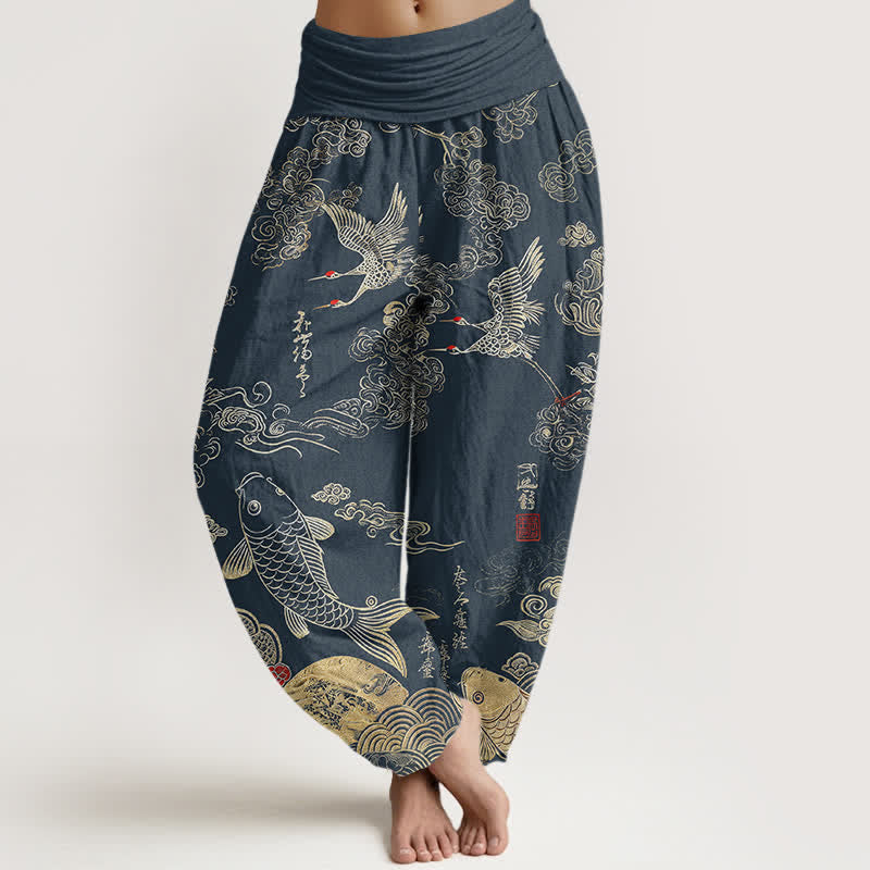 Buddha Stones Cotton Crane Koi Fish Cloud Pattern Women's Elastic Waist Harem Pants - SteelBlue - US16，UK/AU20，EU48 (3XL) - image 5