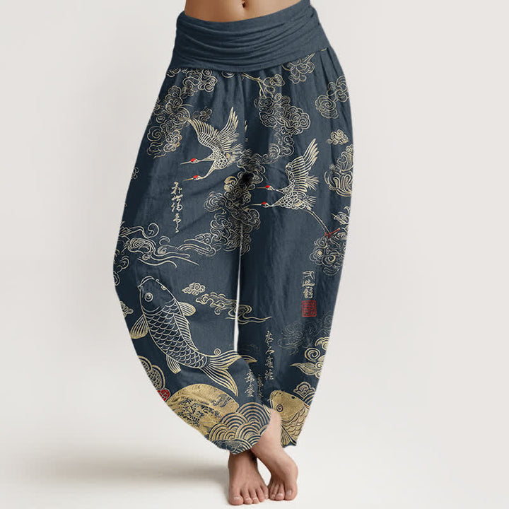 Buddha Stones Cotton Crane Koi Fish Cloud Pattern Women's Elastic Waist Harem Pants - SteelBlue - US16，UK/AU20，EU48 (3XL) - image 5