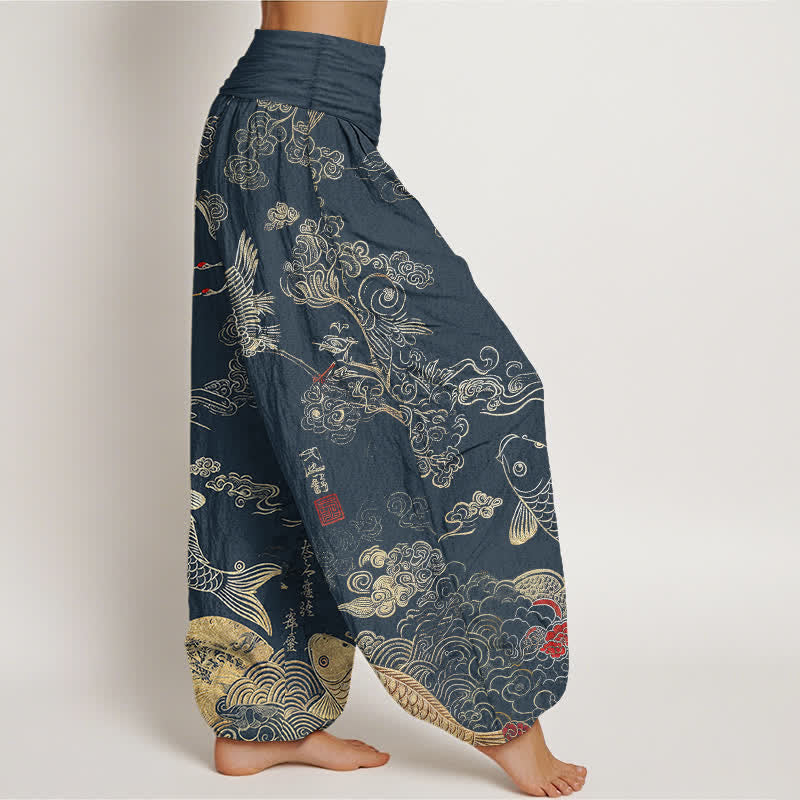 Buddha Stones Cotton Crane Koi Fish Cloud Pattern Women's Elastic Waist Harem Pants - image 6