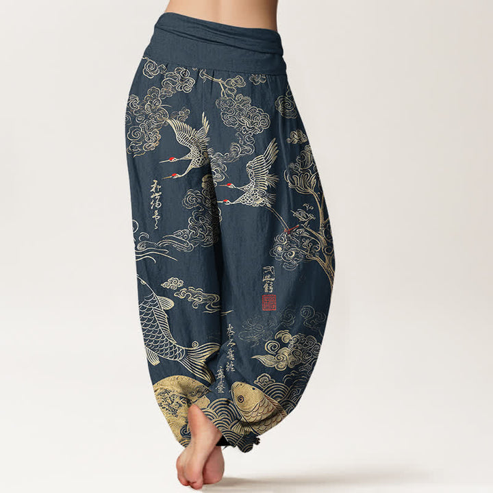 Buddha Stones Cotton Crane Koi Fish Cloud Pattern Women's Elastic Waist Harem Pants - image 7