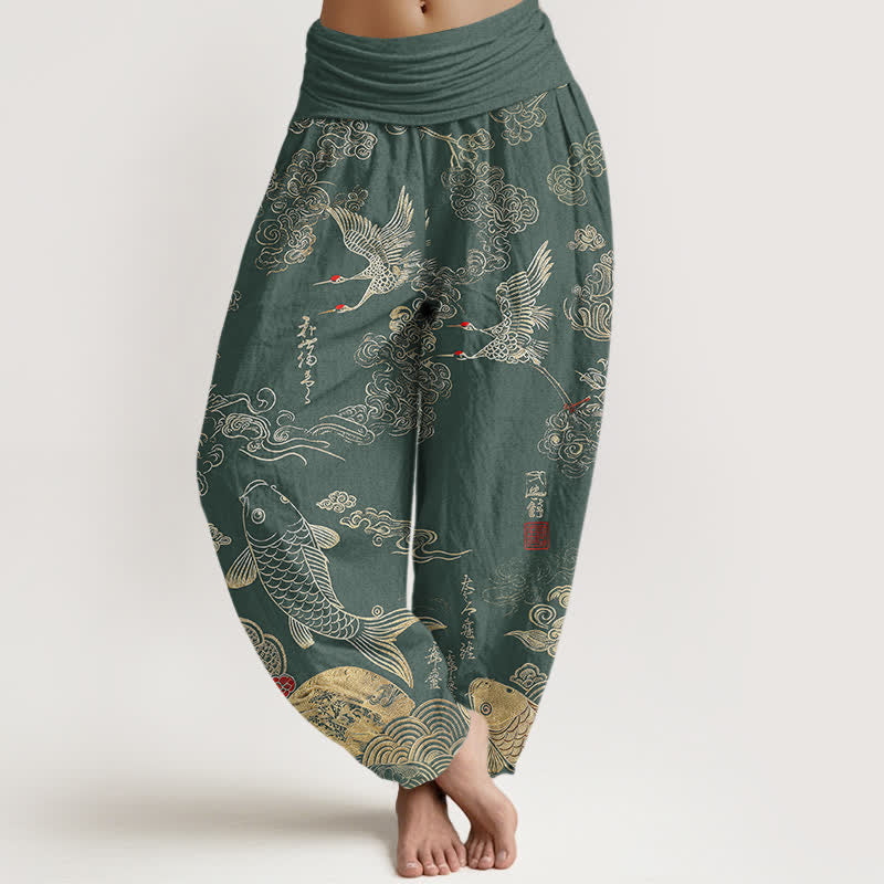 Buddha Stones Cotton Crane Koi Fish Cloud Pattern Women's Elastic Waist Harem Pants - SeaGreen - US16，UK/AU20，EU48 (3XL) - image 8
