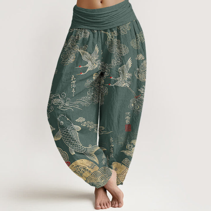 Buddha Stones Cotton Crane Koi Fish Cloud Pattern Women's Elastic Waist Harem Pants - SeaGreen - US16，UK/AU20，EU48 (3XL) - image 8