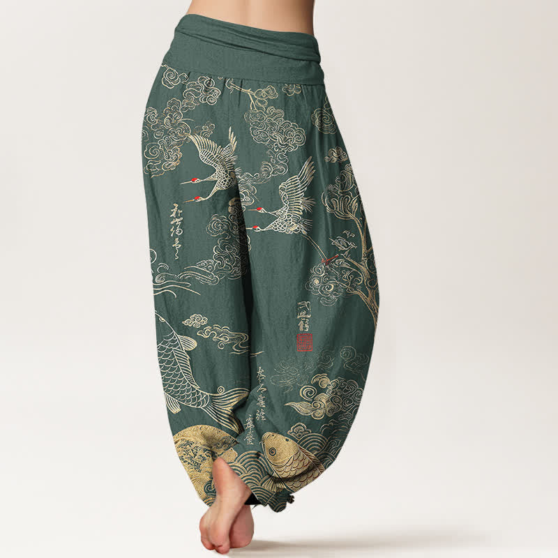 Buddha Stones Cotton Crane Koi Fish Cloud Pattern Women's Elastic Waist Harem Pants - image 10