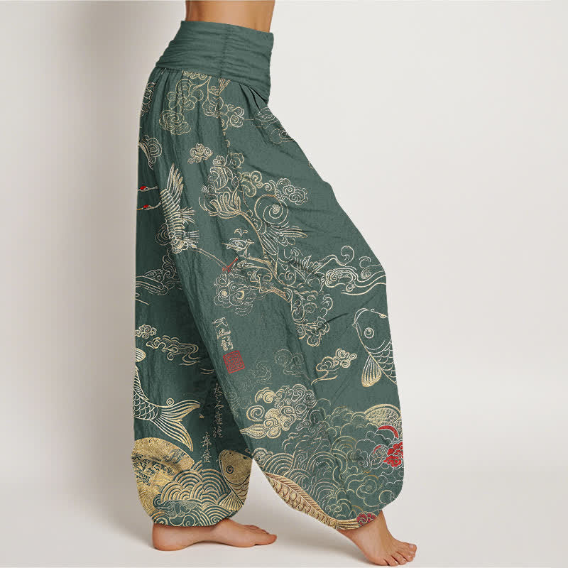 Buddha Stones Cotton Crane Koi Fish Cloud Pattern Women's Elastic Waist Harem Pants - image 9