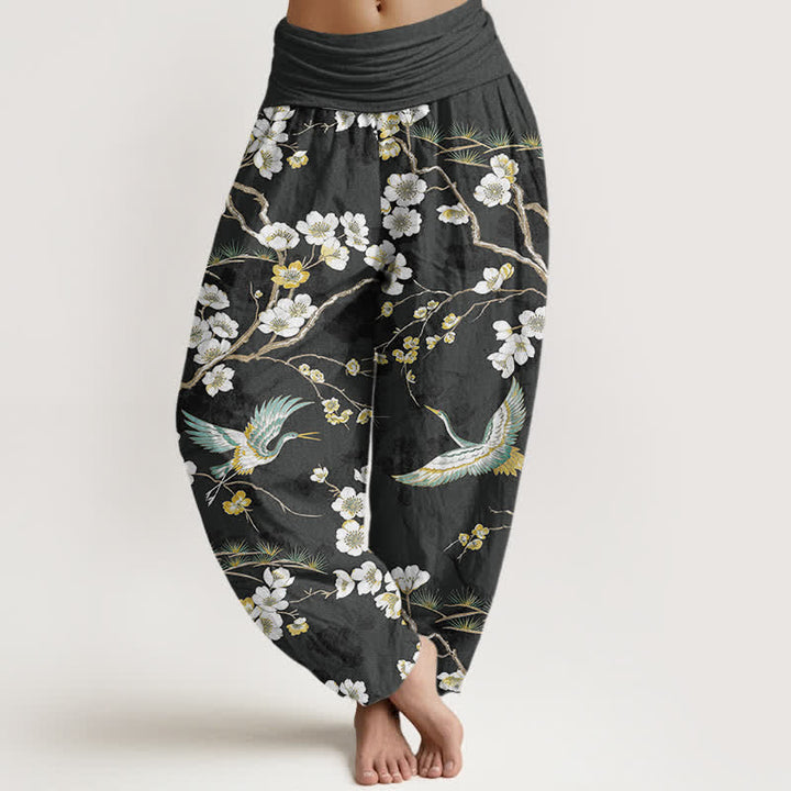 Buddha Stones Cotton White Blossom Crane Pattern Women's Elastic Waist Harem Pants - Black - US16，UK/AU20，EU48 (3XL) - image 8