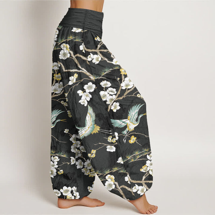 Buddha Stones Cotton White Blossom Crane Pattern Women's Elastic Waist Harem Pants - image 9