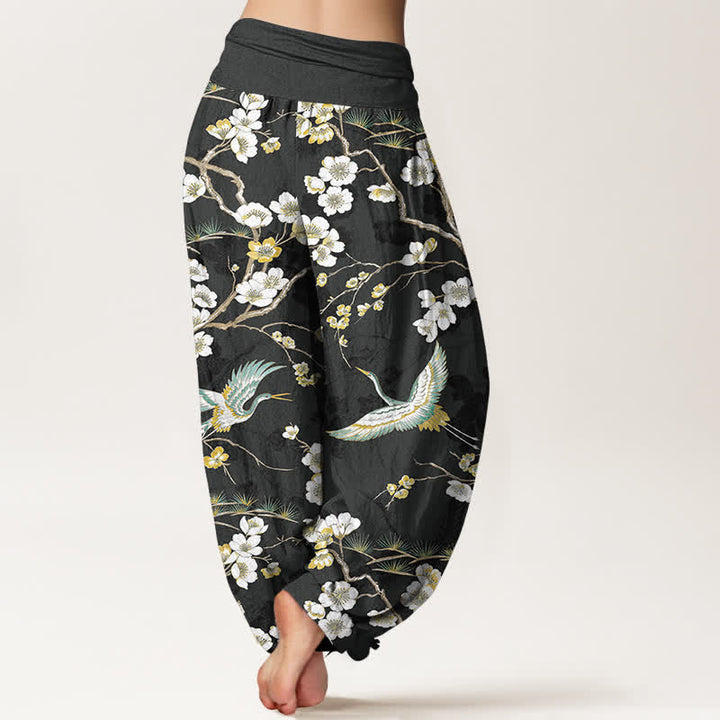 Buddha Stones Cotton White Blossom Crane Pattern Women's Elastic Waist Harem Pants - image 10
