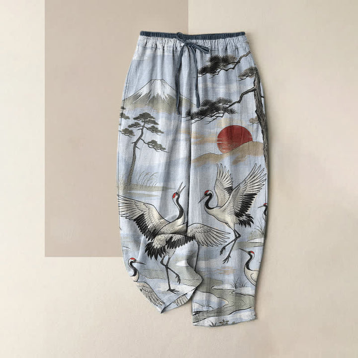 Buddha Stones Pure Cotton Crane Landscape Pattern Women's Elastic Waist Pants With Pockets - PowderBlue - US16，UK/AU20，EU48 (3XL) - image 3
