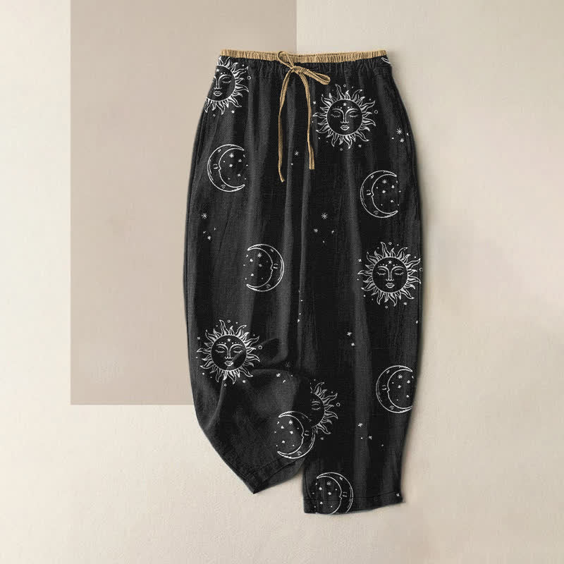 Buddha Stones Pure Cotton Mystical Moon Sun Pattern Women's Elastic Waist Pants With Pockets - Black - US16，UK/AU20，EU48 (3XL) - image 0