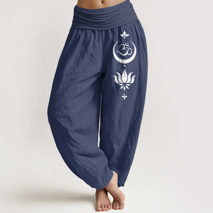 Buddha Stones Pure Cotton Om Lotus Moon Pattern Women's Elastic Waist Harem Pants - DarkSlateBlue - US16，UK/AU20，EU48 (3XL) - image 5