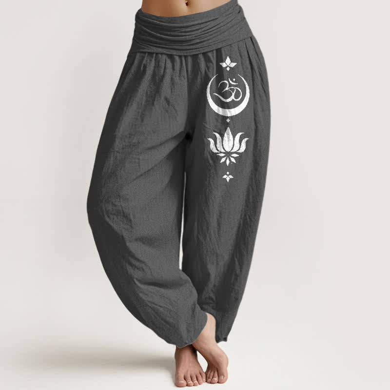 Buddha Stones Pure Cotton Om Lotus Moon Pattern Women's Elastic Waist Harem Pants - DimGray - US16，UK/AU20，EU48 (3XL) - image 8