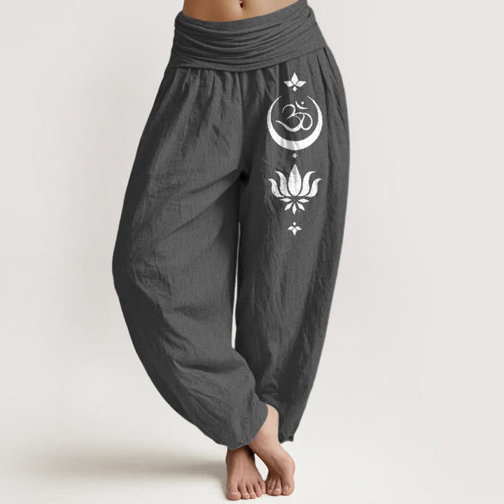 Buddha Stones Pure Cotton Om Lotus Moon Pattern Women's Elastic Waist Harem Pants - DimGray - US16，UK/AU20，EU48 (3XL) - image 8