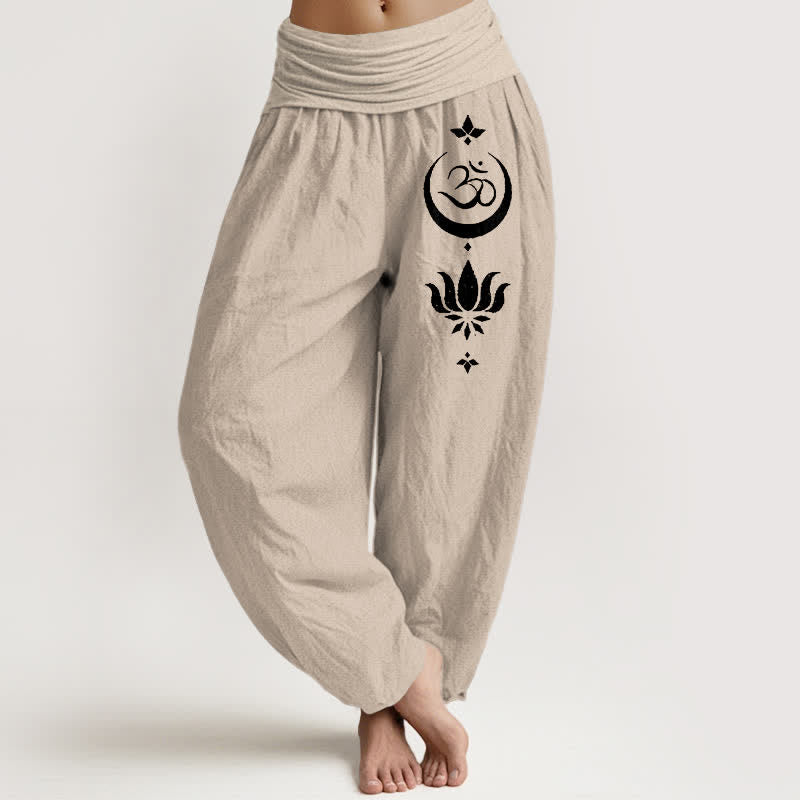Buddha Stones Pure Cotton Om Lotus Moon Pattern Women's Elastic Waist Harem Pants - Tan - US16，UK/AU20，EU48 (3XL) - image 11