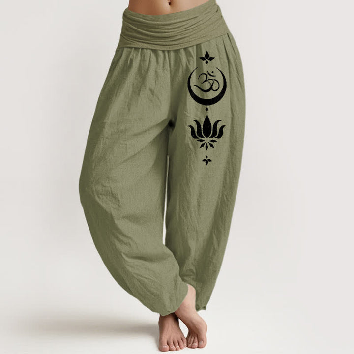 Buddha Stones Pure Cotton Om Lotus Moon Pattern Women's Elastic Waist Harem Pants - OliveDrab - US16，UK/AU20，EU48 (3XL) - image 14