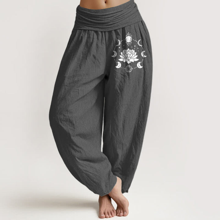 Buddha Stones Pure Cotton Lotus Moon Phases Pattern Women's Elastic Waist Harem Pants - DimGray - US16，UK/AU20，EU48 (3XL) - image 0