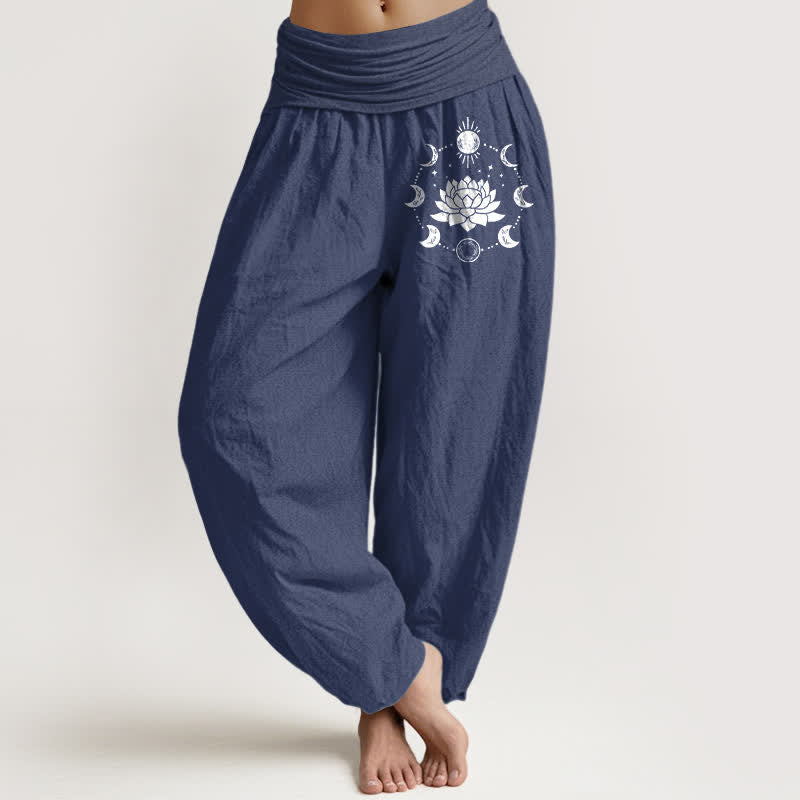 Buddha Stones Pure Cotton Lotus Moon Phases Pattern Women's Elastic Waist Harem Pants - DarkSlateBlue - US16，UK/AU20，EU48 (3XL) - image 8