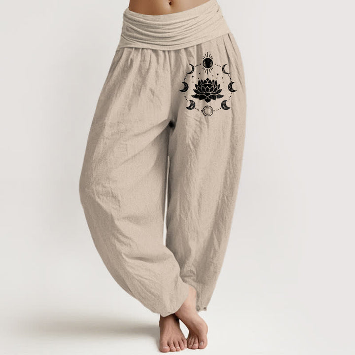 Buddha Stones Pure Cotton Lotus Moon Phases Pattern Women's Elastic Waist Harem Pants - Tan - US16，UK/AU20，EU48 (3XL) - image 11