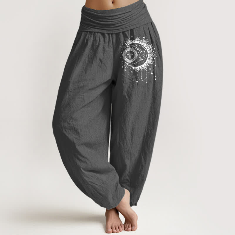 Buddha Stones Pure Cotton Celestial Sun Moon Pattern Women's Elastic Waist Harem Pants - DimGray - US16，UK/AU20，EU48 (3XL) - image 0