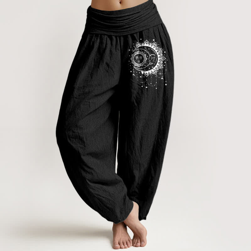 Buddha Stones Pure Cotton Celestial Sun Moon Pattern Women's Elastic Waist Harem Pants - Black - US16，UK/AU20，EU48 (3XL) - image 5