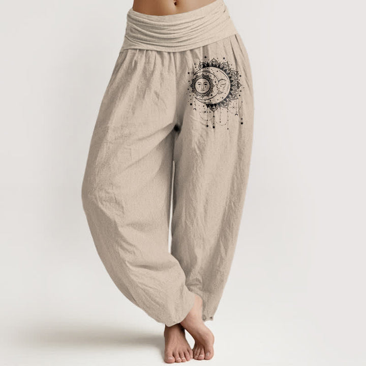 Buddha Stones Pure Cotton Celestial Sun Moon Pattern Women's Elastic Waist Harem Pants - Tan - US16，UK/AU20，EU48 (3XL) - image 11