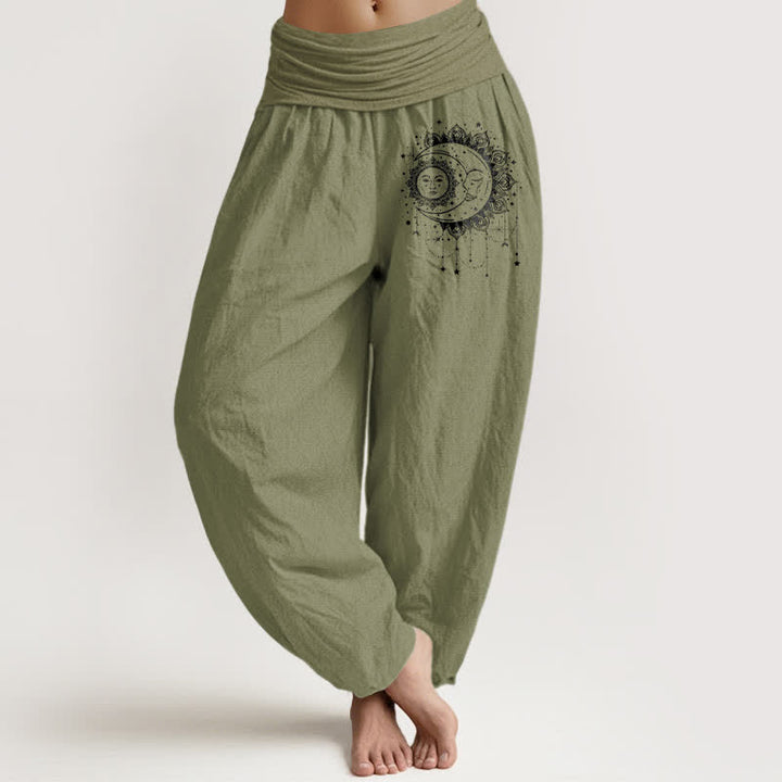 Buddha Stones Pure Cotton Celestial Sun Moon Pattern Women's Elastic Waist Harem Pants - OliveDrab - US16，UK/AU20，EU48 (3XL) - image 14