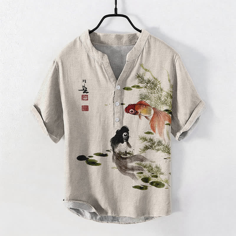 Buddha Stones Cotton Twin Koi Lotus Leaf Pattern Men's Short Sleeve Half Button Shirt - Beige - US/UK/AU50，EU60 (5XL) - image 0
