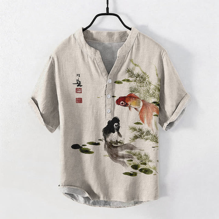Buddha Stones Cotton Twin Koi Lotus Leaf Pattern Men's Short Sleeve Half Button Shirt - Beige - US/UK/AU50，EU60 (5XL) - image 0