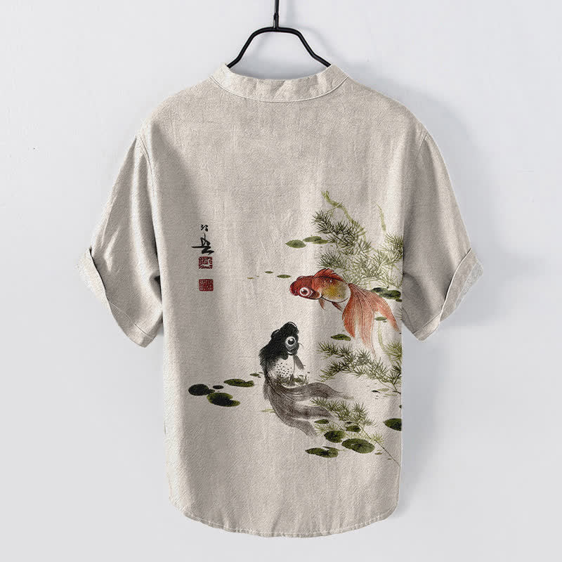 Buddha Stones Cotton Twin Koi Lotus Leaf Pattern Men's Short Sleeve Half Button Shirt - image 1