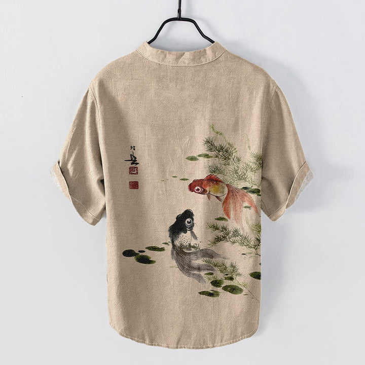 Buddha Stones Cotton Twin Koi Lotus Leaf Pattern Men's Short Sleeve Half Button Shirt - image 4