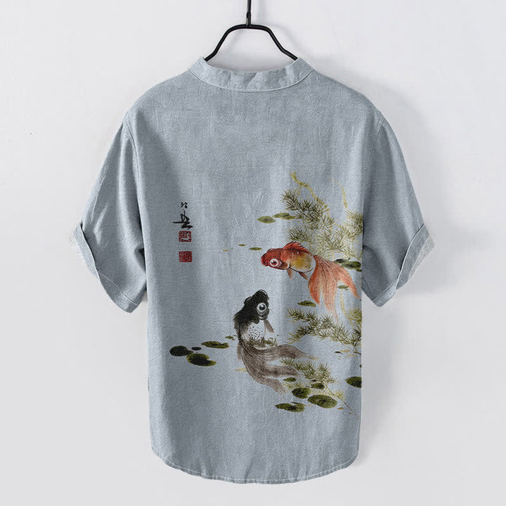 Buddha Stones Cotton Twin Koi Lotus Leaf Pattern Men's Short Sleeve Half Button Shirt - image 6