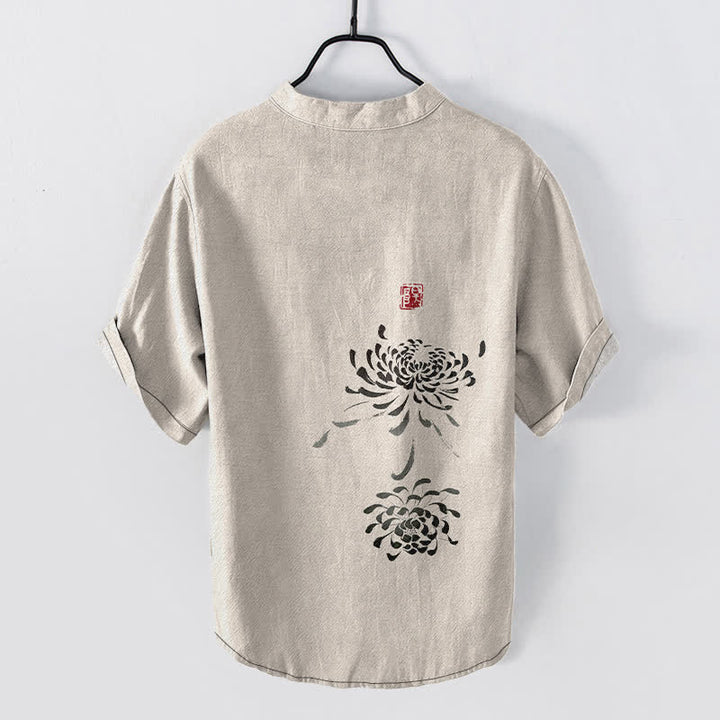 Buddha Stones Cotton Ink Chrysanthemum Seal Pattern Men's Short Sleeve Half Button Shirt - image 1
