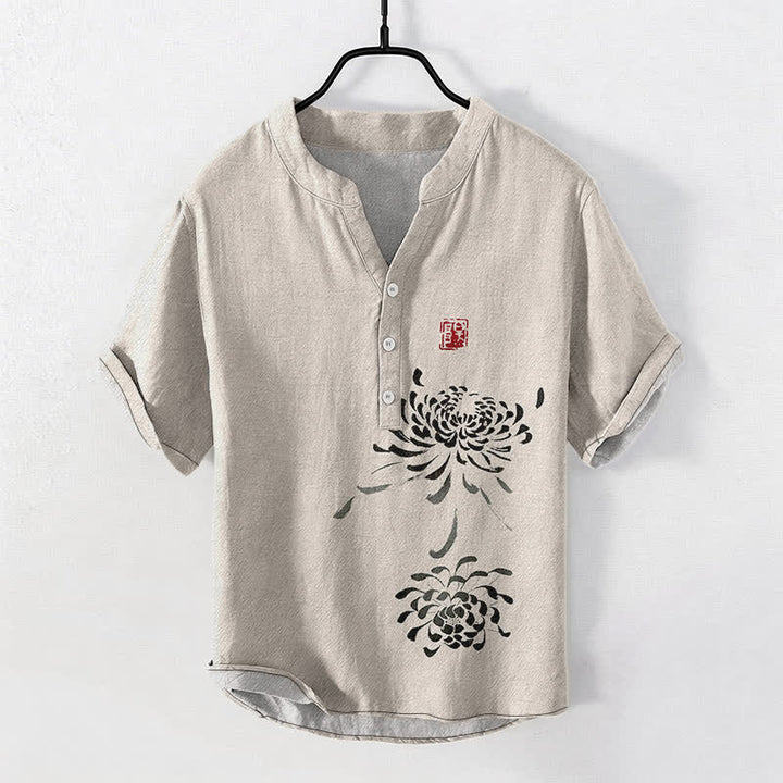 Buddha Stones Cotton Ink Chrysanthemum Seal Pattern Men's Short Sleeve Half Button Shirt - Linen - US/UK/AU50，EU60 (5XL) - image 0