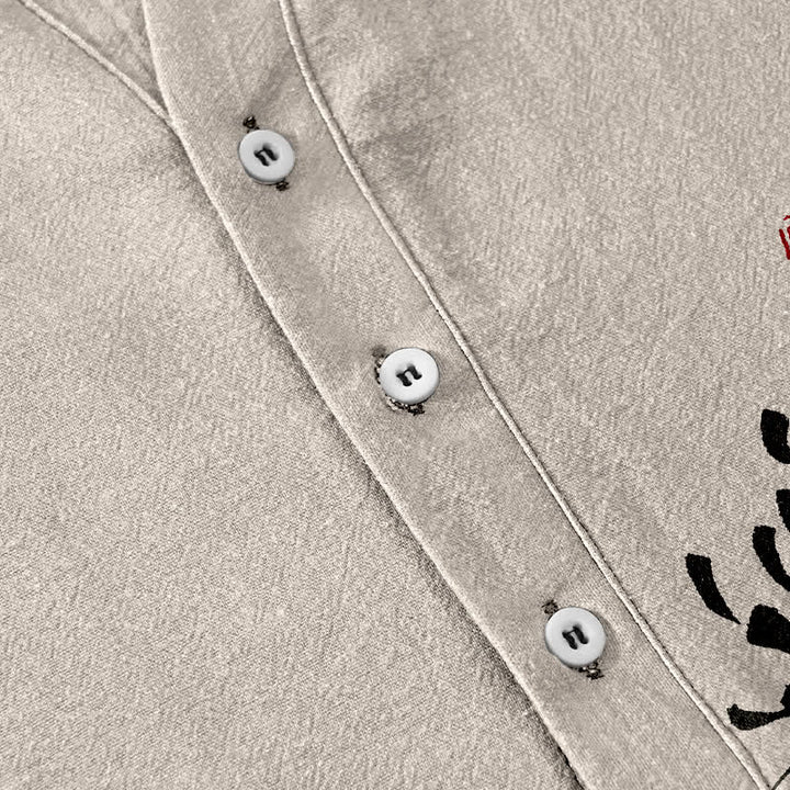 Buddha Stones Cotton Ink Chrysanthemum Seal Pattern Men's Short Sleeve Half Button Shirt - image 3