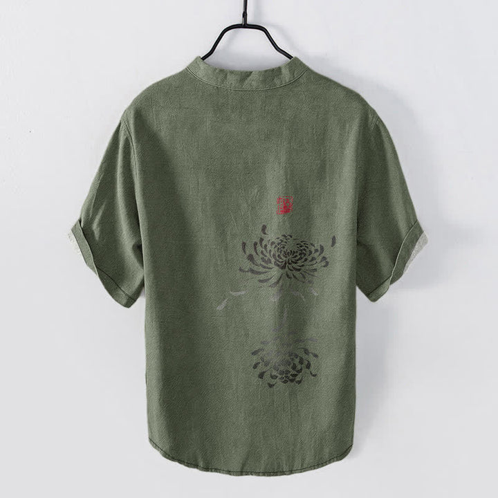 Buddha Stones Cotton Ink Chrysanthemum Seal Pattern Men's Short Sleeve Half Button Shirt - image 6