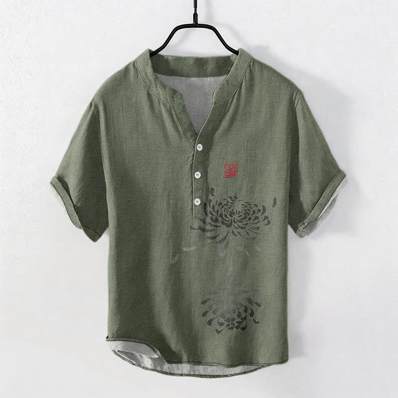 Buddha Stones Cotton Ink Chrysanthemum Seal Pattern Men's Short Sleeve Half Button Shirt - DarkOliveGreen - US/UK/AU50，EU60 (5XL) - image 5