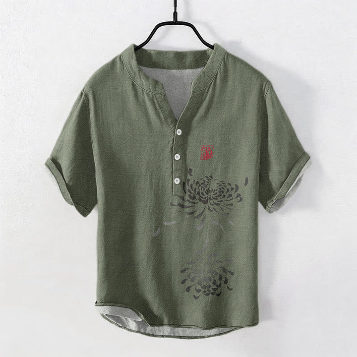 Buddha Stones Cotton Ink Chrysanthemum Seal Pattern Men's Short Sleeve Half Button Shirt - DarkOliveGreen - US/UK/AU50，EU60 (5XL) - image 5