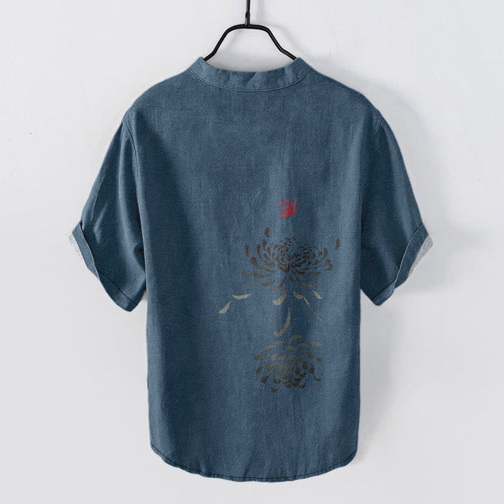 Buddha Stones Cotton Ink Chrysanthemum Seal Pattern Men's Short Sleeve Half Button Shirt - image 8